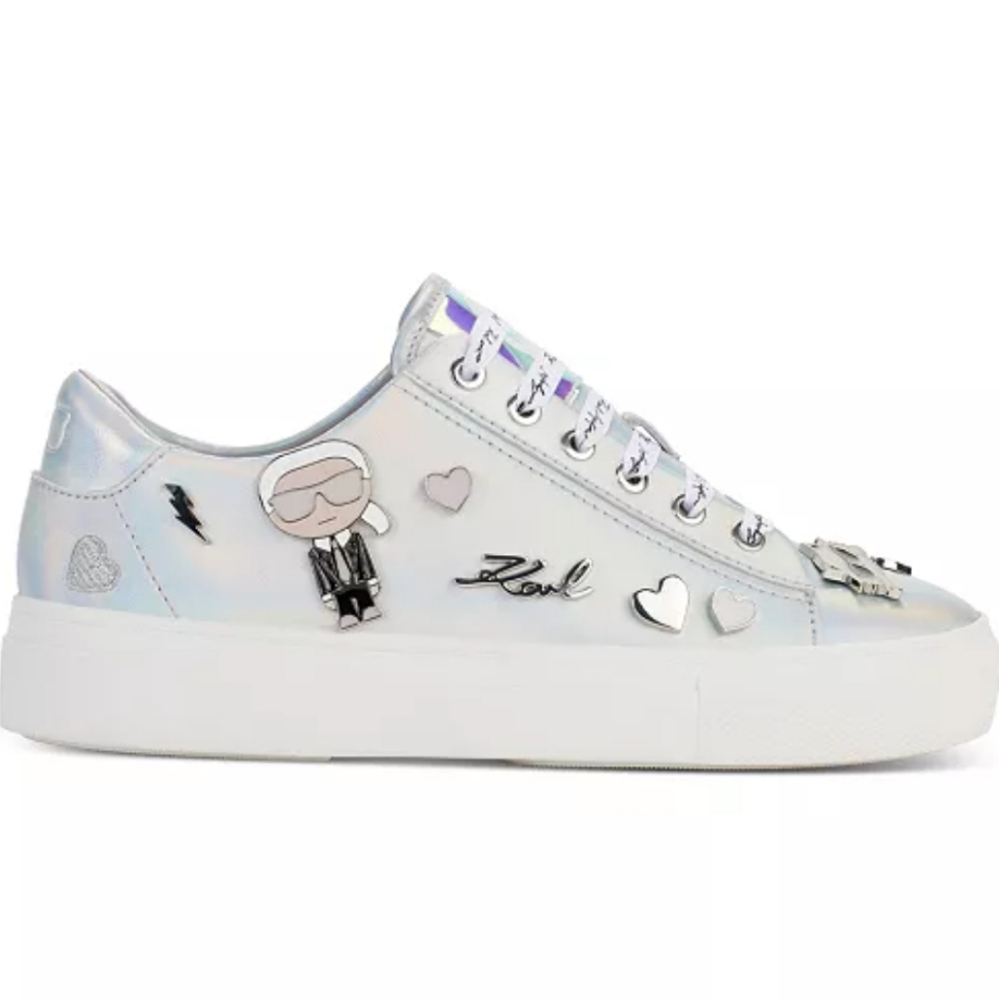 Karl Lagerfeld Iridescent White Platform Sneaker with Charm Accents